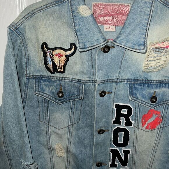 Distressed Denim Jacket with Patches - Picture 2 of 6